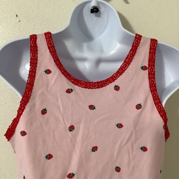 Pink Strawberry Coquette Fairy Feminine Lace Rosette Lettuce Hem Cropped Tank L - Picture 5 of 8